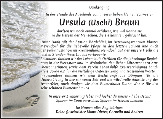 Traueranzeige von Ursula Braun von Volksstimme Oschersleben/Wanzleben