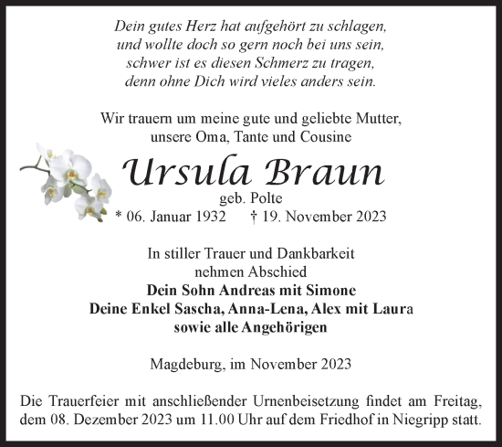 Traueranzeige von Ursula Braun von Volksstimme Magdeburg