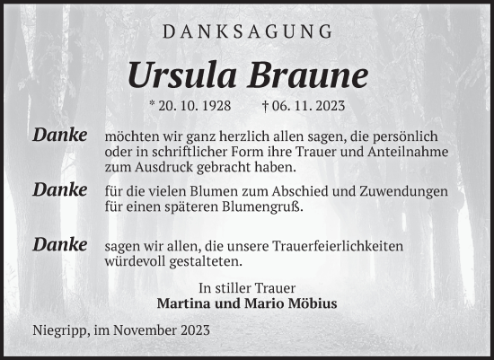 Traueranzeige von Ursula Braune von Volksstimme Burg/Genthin
