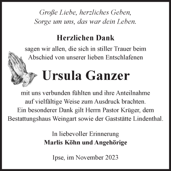 Traueranzeige von Ursula Ganzer von Volksstimme Altmark West