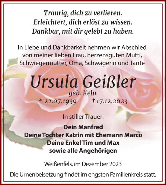 Traueranzeige von Ursula Geißler von Trauerkombi Weißenfels