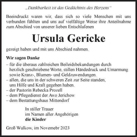 Traueranzeige von Ursula Gericke von Volksstimme Burg/Genthin