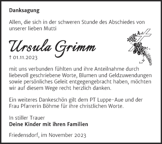 Traueranzeige von Ursula Grimm von Trauerkombi Merseburg