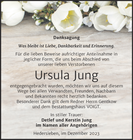 Traueranzeige von Ursula Jung von Trauerkombi Mansfelder Land