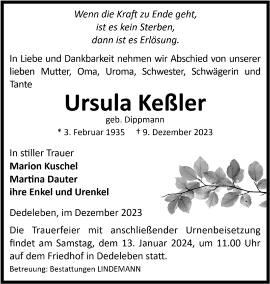 Traueranzeige von Ursula Keßler von Volksstimme Halberstadt