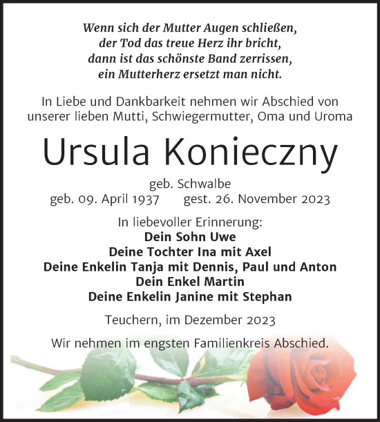Traueranzeige von Ursula Konieczny von Trauerkombi Weißenfels