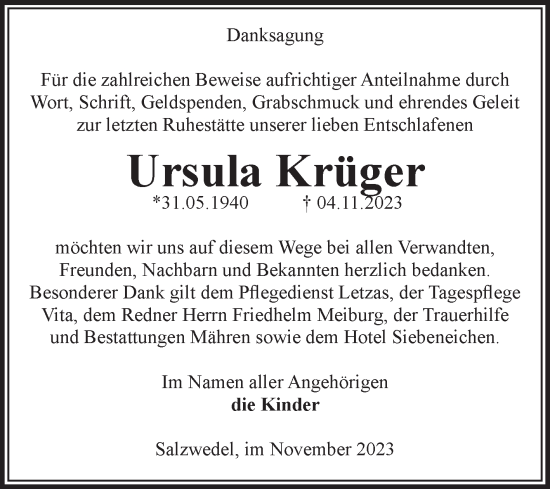 Traueranzeige von Ursula Krüger von Volksstimme Altmark West