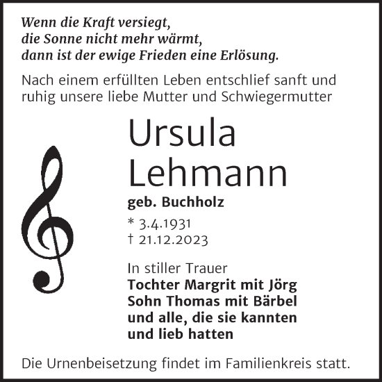 Traueranzeige von Ursula Lehmann von Trauerkombi Köthen