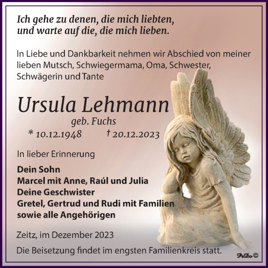Traueranzeige von Ursula Lehmann von Trauerkombi Zeitz