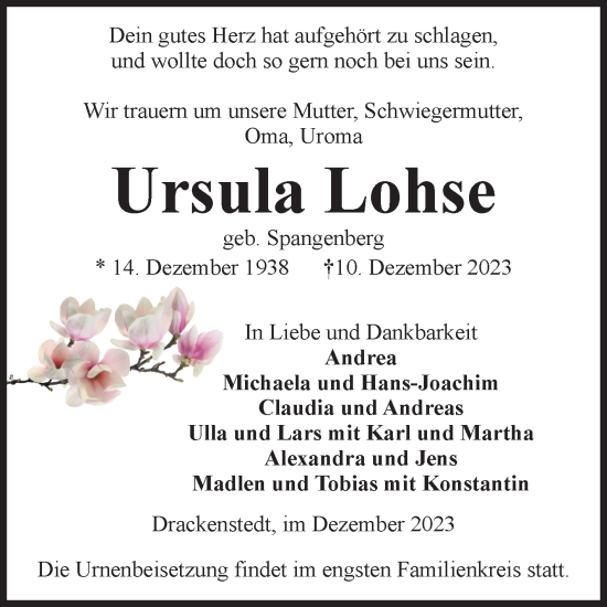 Traueranzeige von Ursula Lohse von Volksstimme Oschersleben/Wanzleben