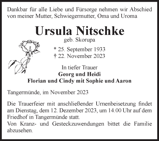 Traueranzeige von Ursula Nitschke von Volksstimme Altmark Ost