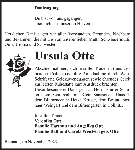 Traueranzeige von Ursula Otte von Volksstimme Altmark Ost