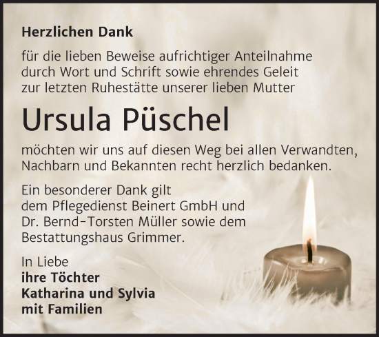 Traueranzeige von Ursula Püschel von Trauerkombi Mansfelder Land