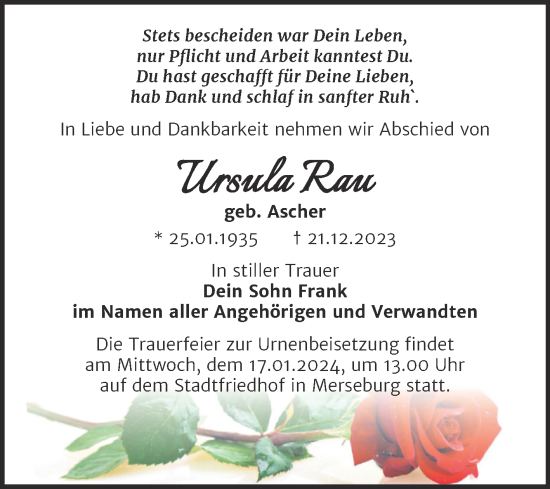 Traueranzeige von Ursula Rau von Trauerkombi Merseburg