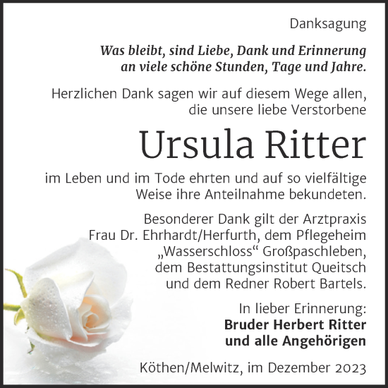 Traueranzeige von Ursula Ritter von Trauerkombi Köthen