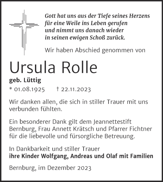 Traueranzeige von Ursula Rolle von Trauerkombi Bernburg