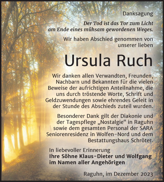 Traueranzeige von Ursula Ruch von Trauerkombi Bitterfeld