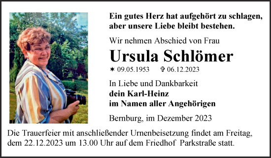 Traueranzeige von Ursula Schlömer von Trauerkombi Bernburg