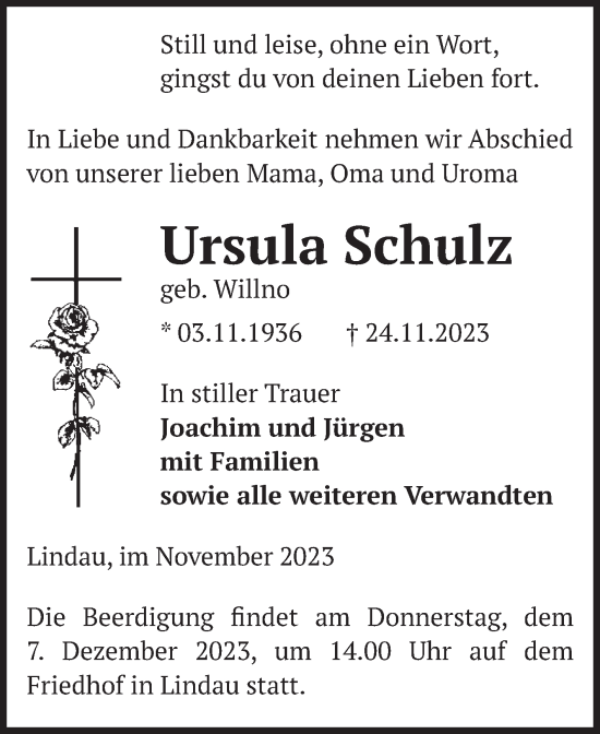 Traueranzeige von Ursula Schulz von Volksstimme Zerbst