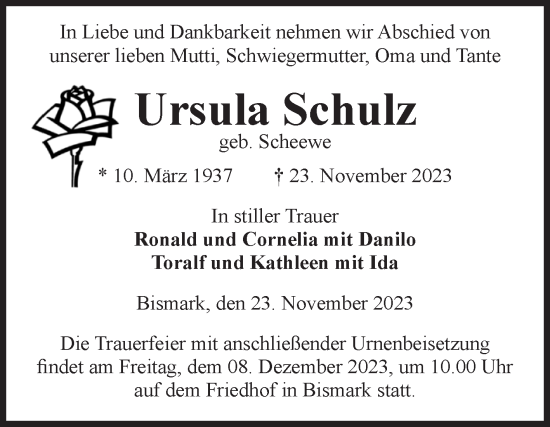 Traueranzeige von Ursula Schulz von Volksstimme Altmark Ost