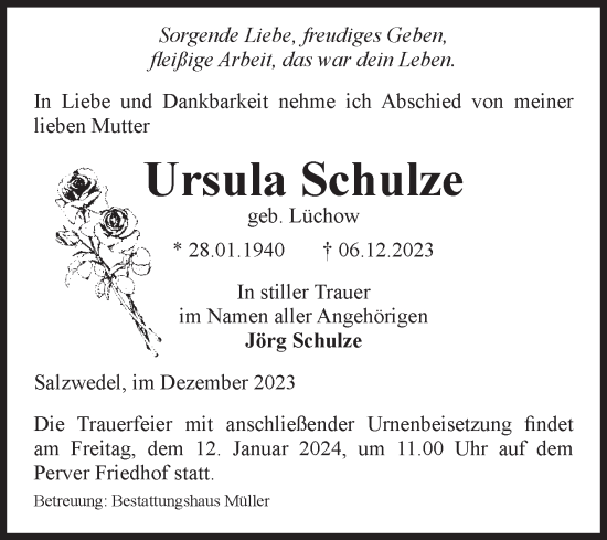 Traueranzeige von Ursula Schulze von Volksstimme Altmark West