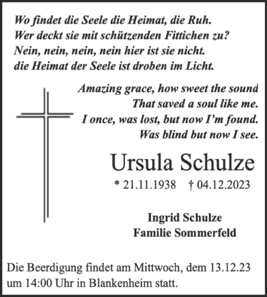 Traueranzeige von Ursula Schulze von Trauerkombi Sangerhausen