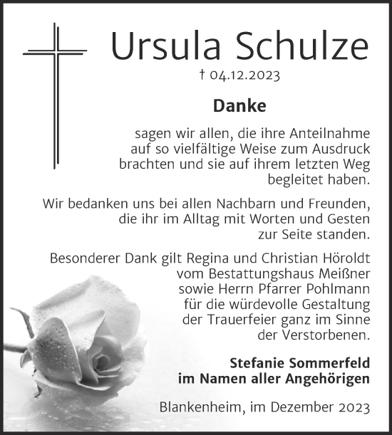 Traueranzeige von Ursula Schulze von Trauerkombi Sangerhausen