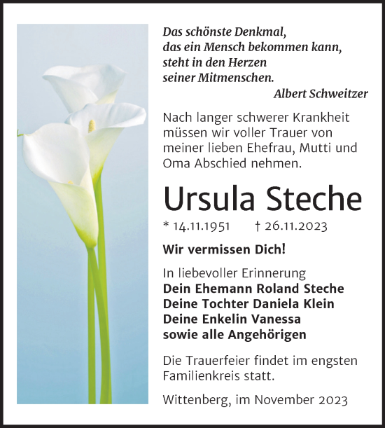 Traueranzeige von Ursula Steche von Trauerkombi Wittenberg