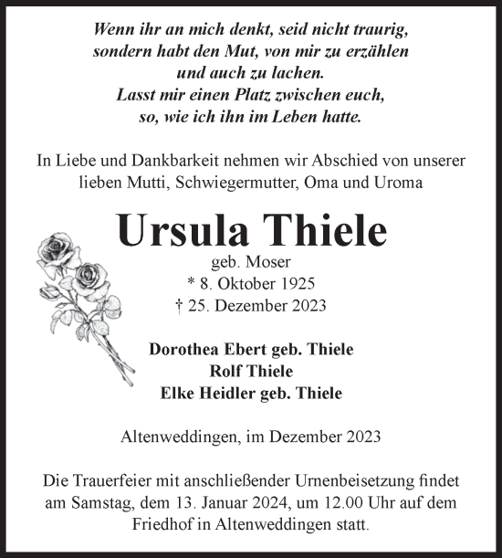 Traueranzeige von Ursula Thiele von Volksstimme Oschersleben/Wanzleben