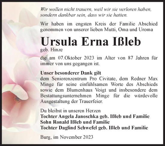 Traueranzeige von Ursula Erna Ißleb von Volksstimme Burg/Genthin