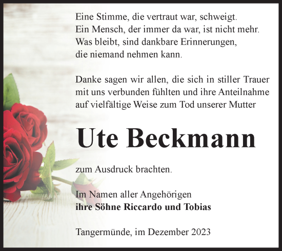 Traueranzeige von Ute Beckmann von Volksstimme Altmark Ost