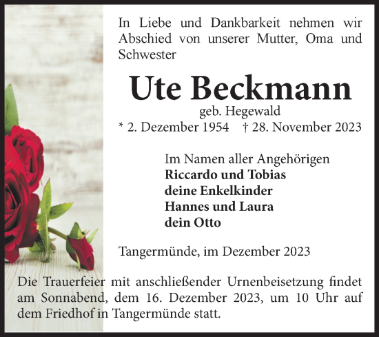 Traueranzeige von Ute Beckmann von Volksstimme Altmark Ost