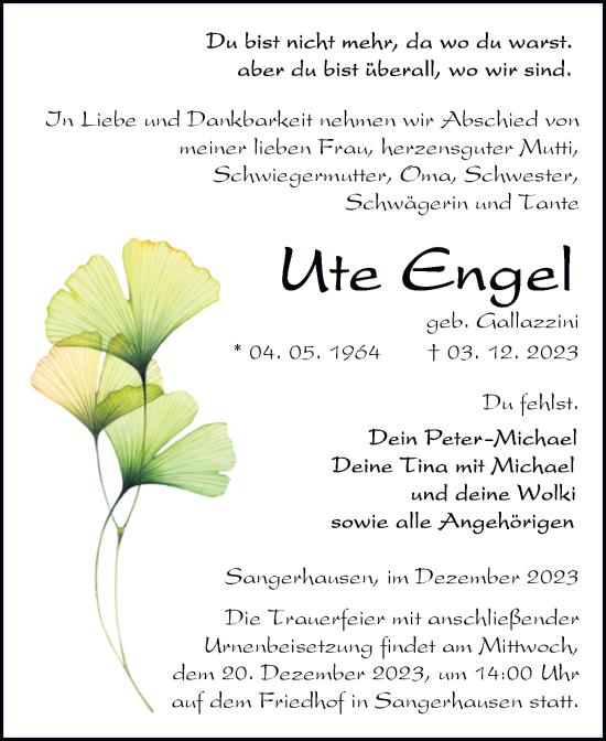 Traueranzeige von Ute Engel von Trauerkombi Sangerhausen