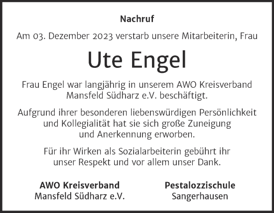 Traueranzeige von Ute Engel von Super Sonntag Sangerhausen