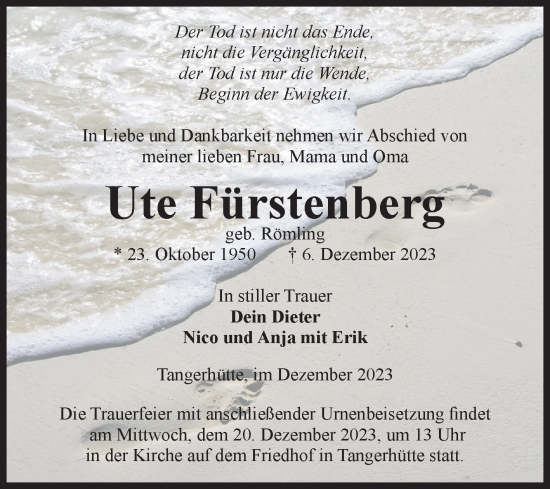 Traueranzeige von Ute Fürstenberg von Volksstimme Altmark Ost