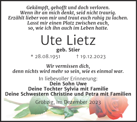 Traueranzeige von Ute Lietz von Trauerkombi Köthen