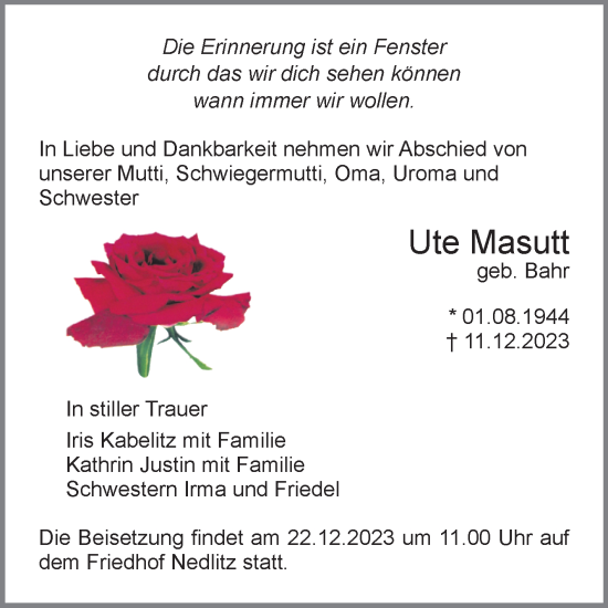 Traueranzeige von Ute Masutt von Volksstimme Burg/Genthin