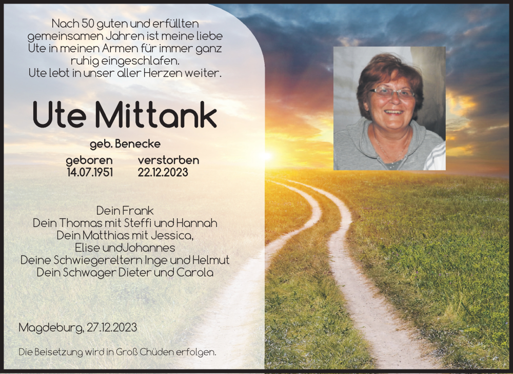  Traueranzeige für Ute Mittank vom 30.12.2023 aus Volksstimme Magdeburg