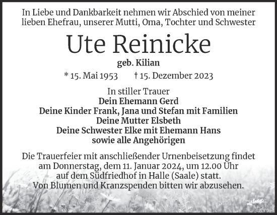 Traueranzeige von Ute Reinicke von Mitteldeutsche Zeitung Halle/Saalkreis