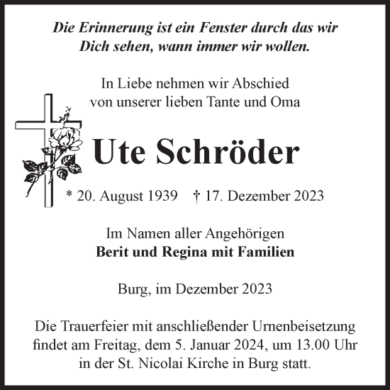 Traueranzeige von Ute Schröder von Volksstimme Burg/Genthin