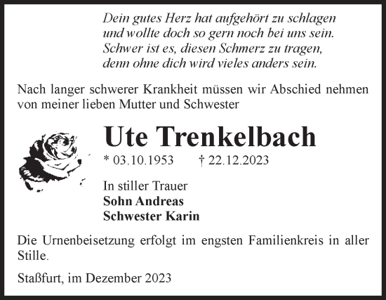 Traueranzeige von Ute Trenkelbach von Volksstimme Staßfurt