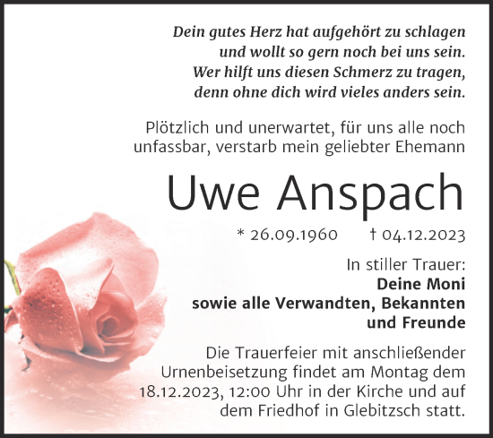 Traueranzeige von Uwe Anspach von Trauerkombi Bitterfeld