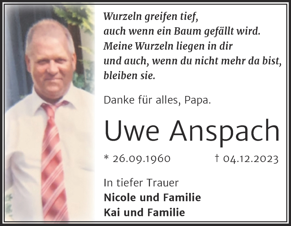  Traueranzeige für Uwe Anspach vom 09.12.2023 aus Trauerkombi Bitterfeld