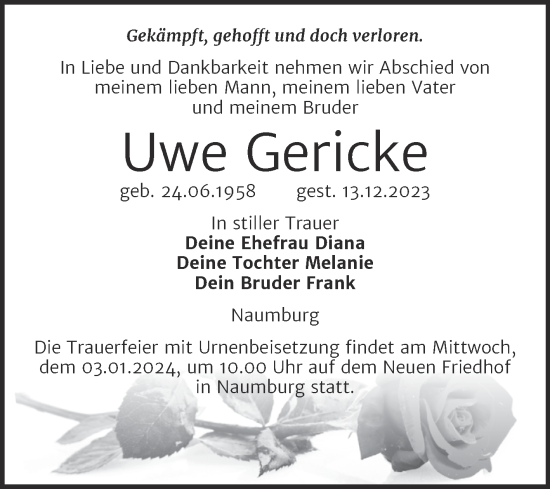 Traueranzeige von Uwe Gericke von Wochenspiegel Naumburg/Nebra