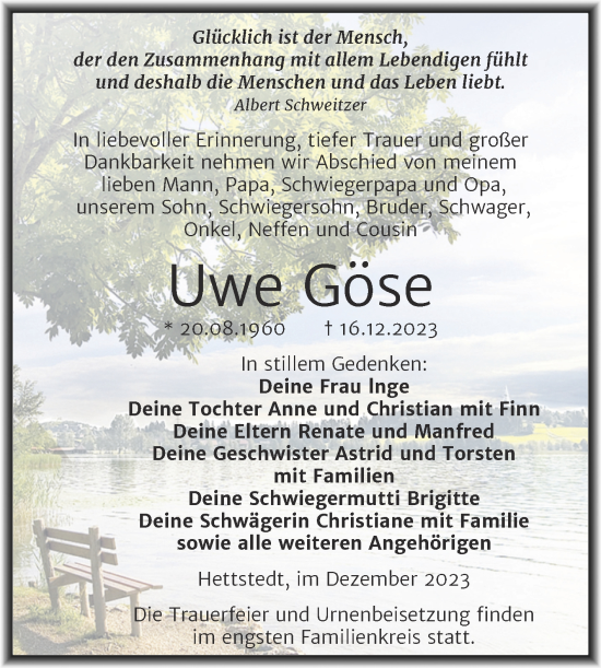 Traueranzeige von Uwe Göse von Trauerkombi Mansfelder Land