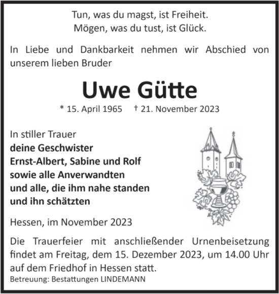 Traueranzeige von Uwe Gütte von Volksstimme Halberstadt