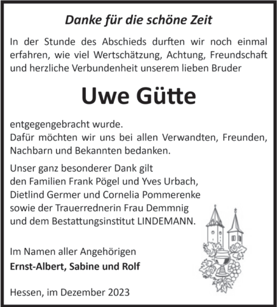 Traueranzeige von Uwe Gütte von Volksstimme Halberstadt