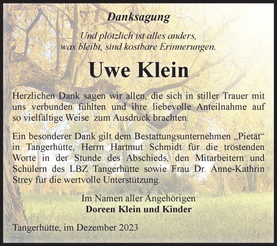 Traueranzeige von Uwe Klein von Volksstimme Altmark Ost
