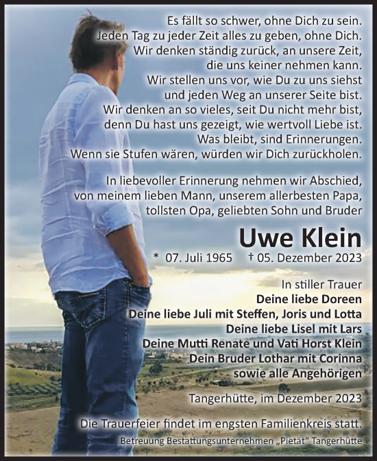 Traueranzeige von Uwe Klein von Volksstimme Altmark Ost
