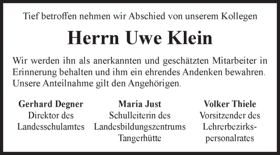 Traueranzeige von Uwe Klein von Volksstimme Altmark Ost